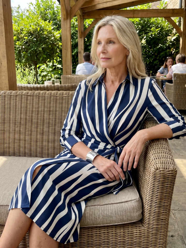 Leya | Long Sleeve Collared Wrap Stripe Pattern Midi Dress
