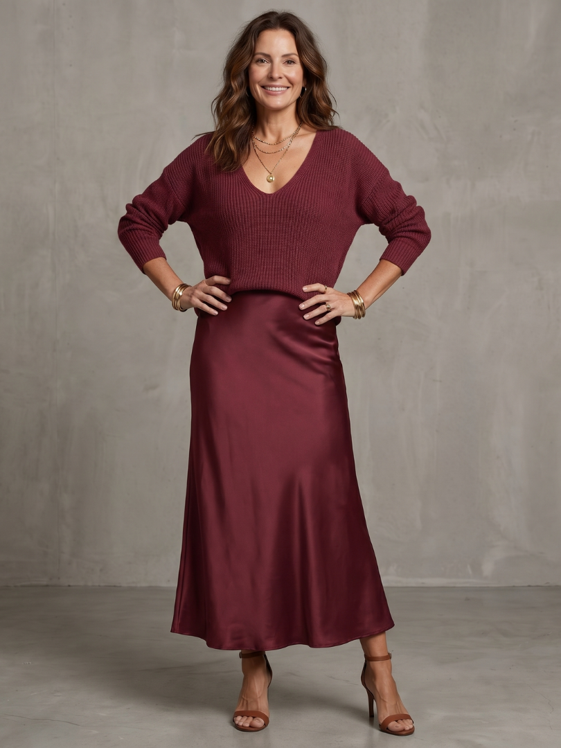 Luciana | Bias Fall Satin Skirt Knit Layer Set